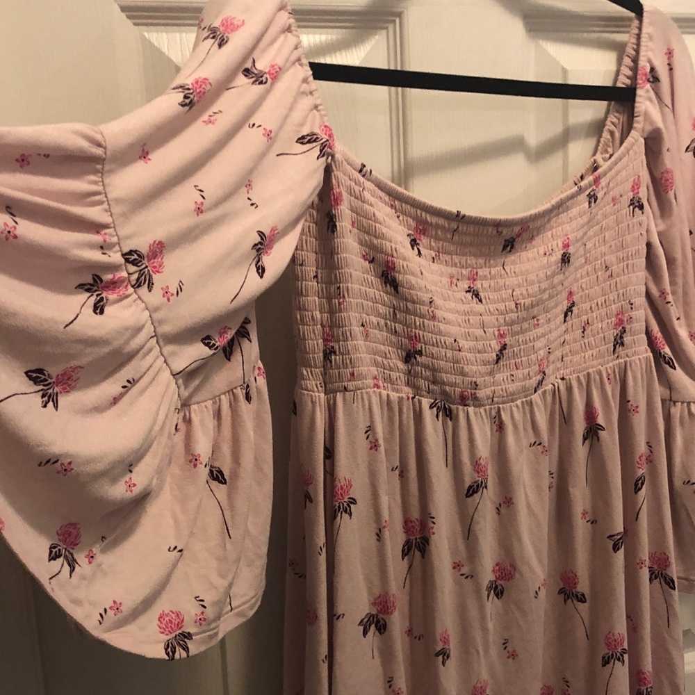 Free People Blush Pink Floral Smocked Peasant Top